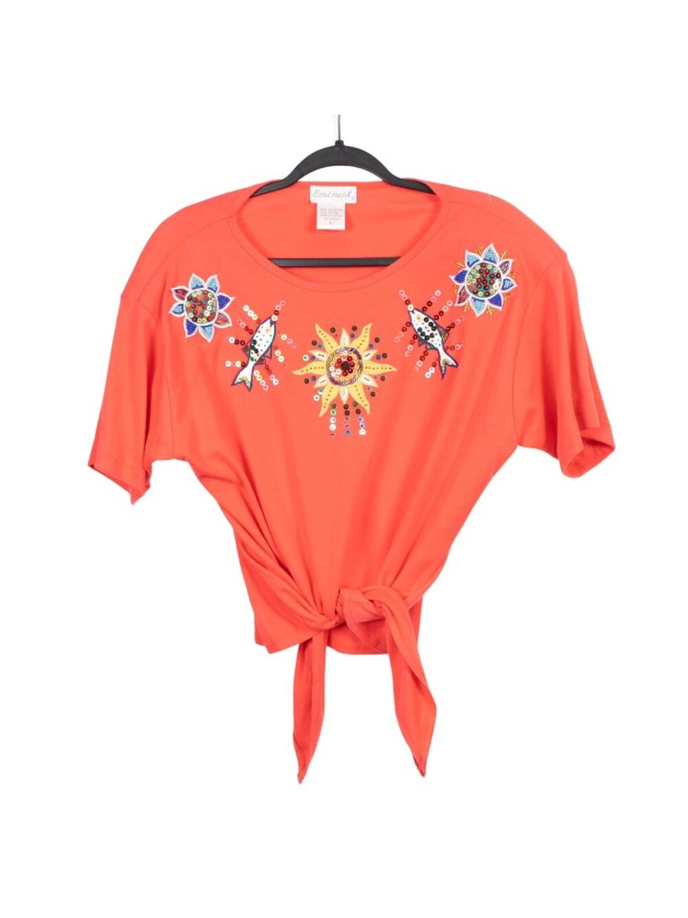 VTG Embroidered Shirt L 90s Coral Tie Front Sun Fish Beads Sequin Boho Cropped